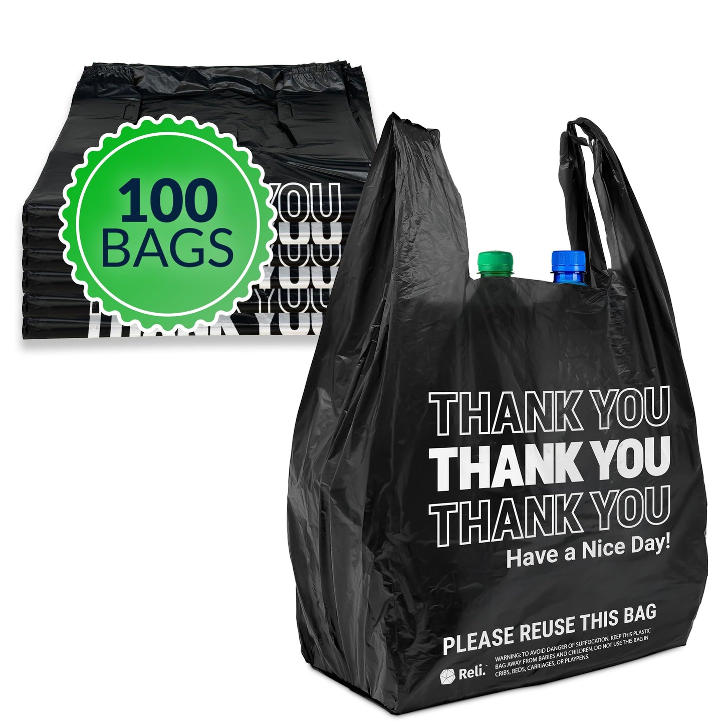 Reli. Thank You Plastic Bags | 100 Pack | (11.5" x 6.5" x 21"), Black | Plastic Bags with Handles | Ideal for Grocery, Shopping, Food Take Out, Restaurants, Small Business