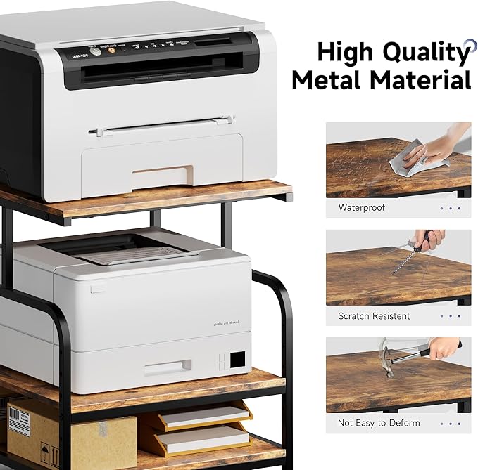 Warmiehomy 23.6x23.6 inches Printer Stand with Adjustable Storage Shelf - Large Printer Table with Wheels - 3 Tier Rolling Cart - Use for 3D Laser Printer Mini Fridge Home Office (Brown)