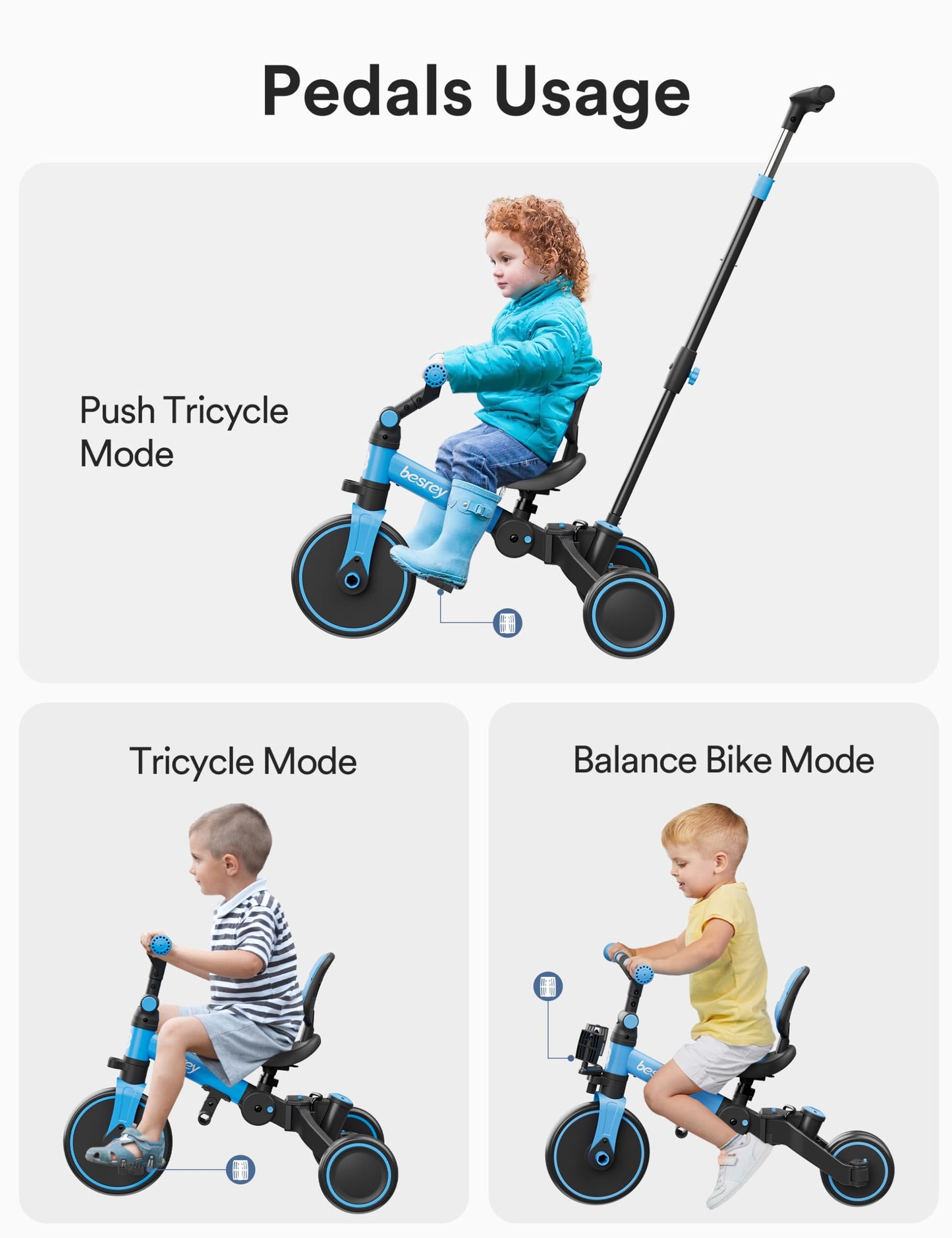 besrey 5 in 1 Toddler Bike, Toddler Tricycle for 1-3 Year Old, Trike with Push Handle, Backrest and Safety Belt, Birthday Gifts and Toys for Boys and Girls, Balance Bike