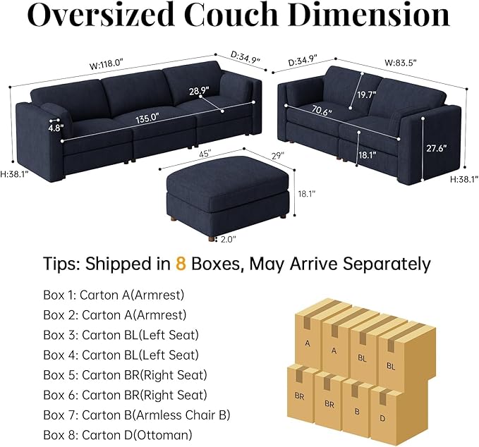 CUGOAO 153.4'' Oversized Sofa Set, Modular Sectional Sofa, Deep Seat Chenille Cloud Couch, Removable Cover, Mordern Upholstered Couches for Living Room, Apartment, Office, Blue