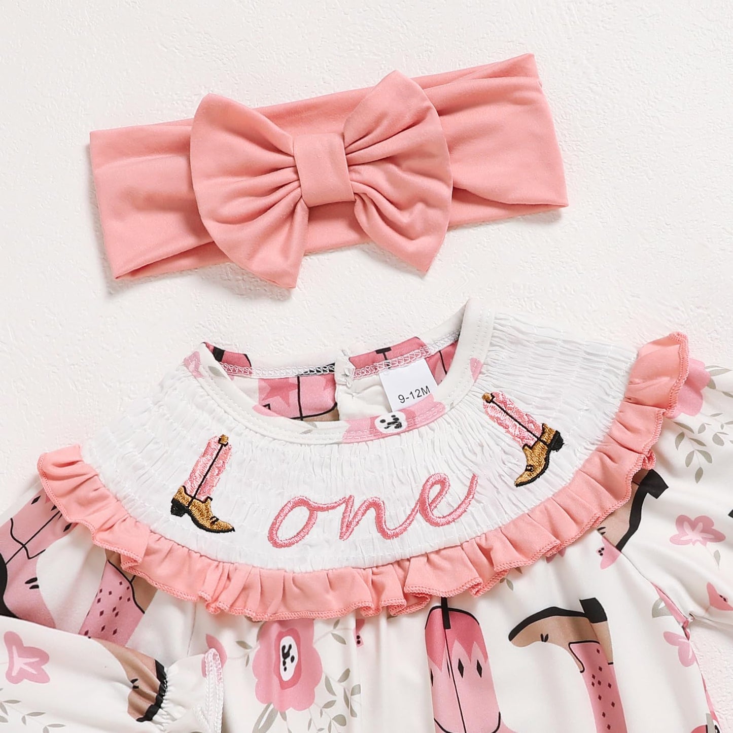 GRNSHTS Baby Girl 1st Birthday Outfits One Year Old Boots Floral Romper Embroidery Bodysuit Cake Smash Clothes(Flesh Pink,12-18M)
