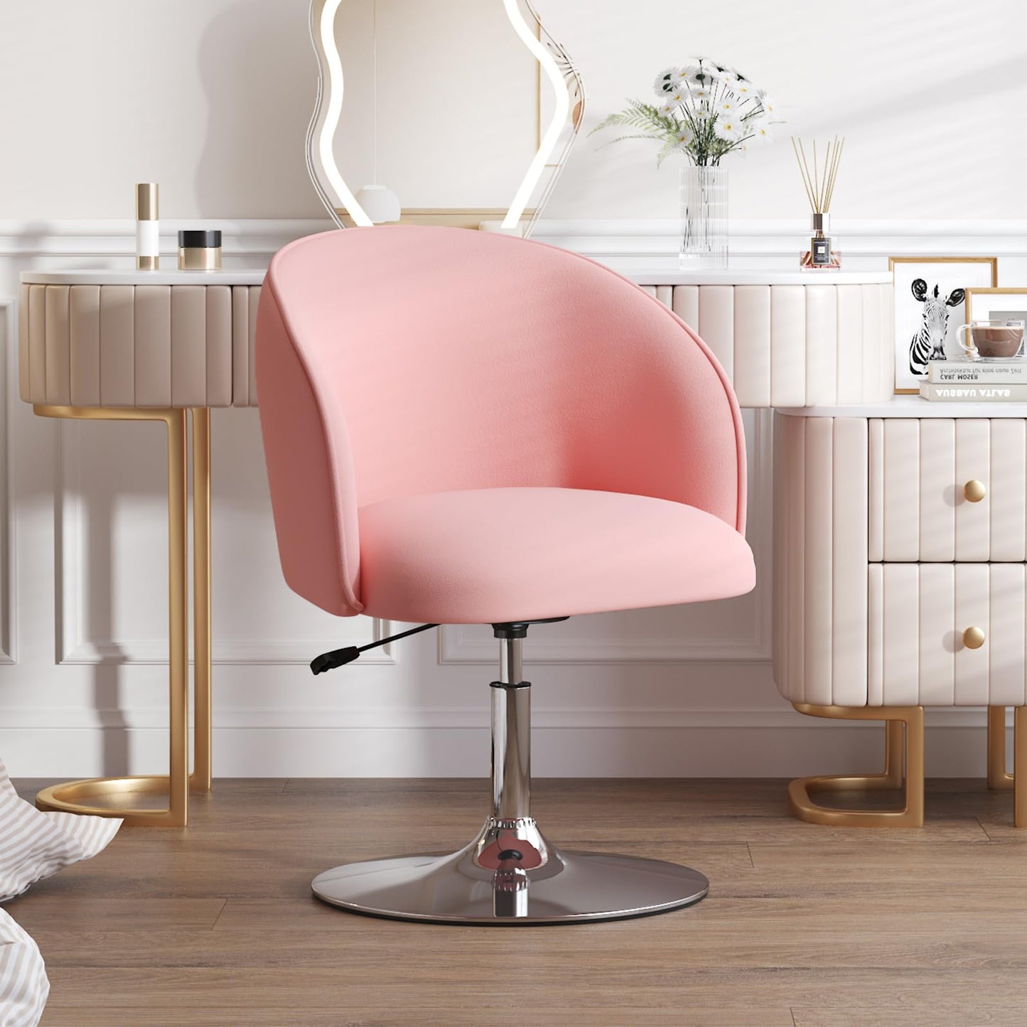 Furniliving Swivel Vanity Stool Contemporary Round Velvet Back Tilt Accent Chairs 360° Makeup Chair with Chrome Frame Height Adjustable Charming Chair Lounge Pub Bar (Pink)