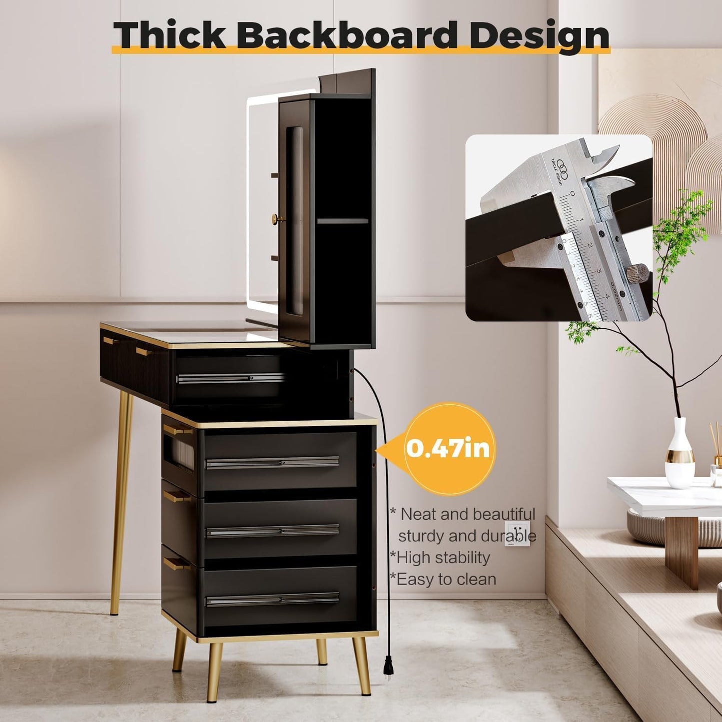 Arulvmrn 47.24" Big Modern Vanity Desk with Mirror and Lights, Vanity Desk with 29.53" HD Lighted Mirror, Makeup Vanity with 5 Drawers and Storage Shelves and Charging Station, Black2