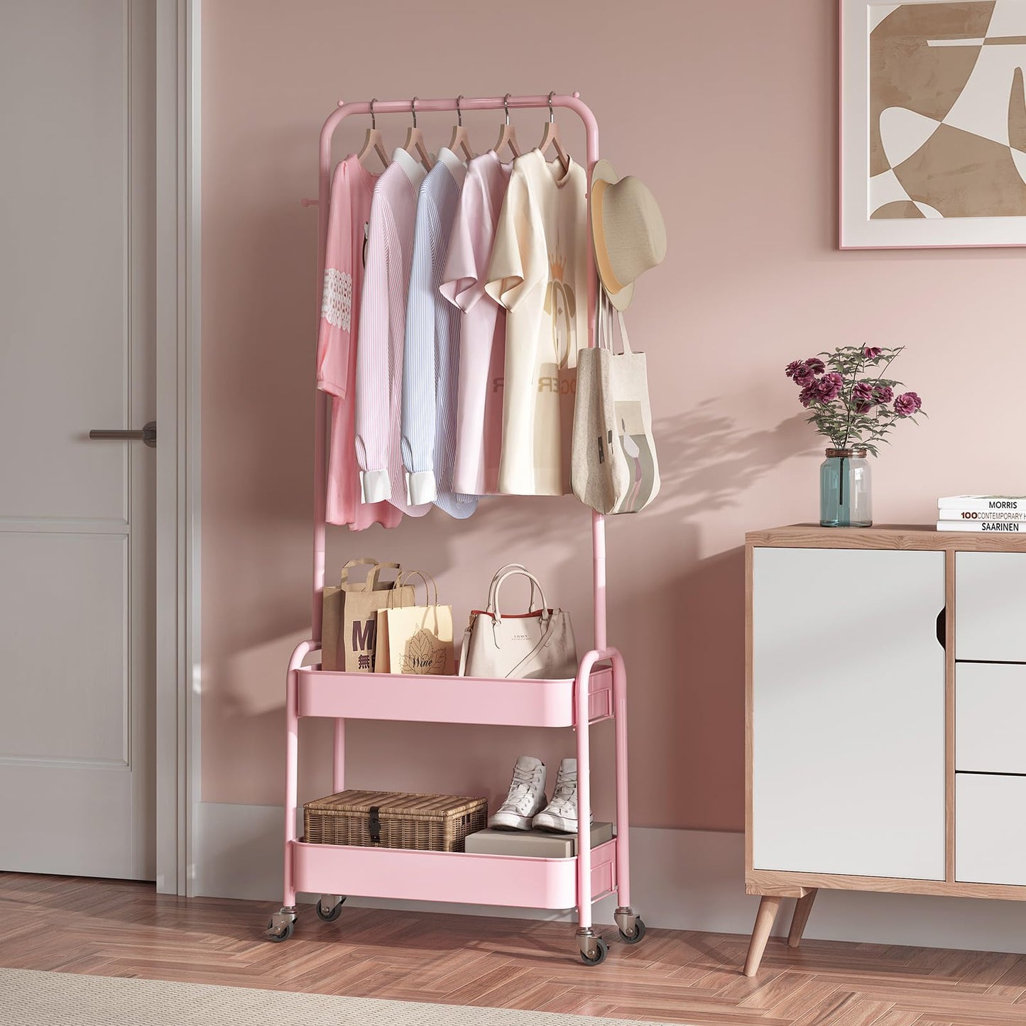 KINGRACK Kids Clothing Rack, Small Clothes Rack with Metal Basket, Wardrobe Rack with Wheels, Child Rolling Garment Rack Storage for Clothes, Coats, Skirts, Pink