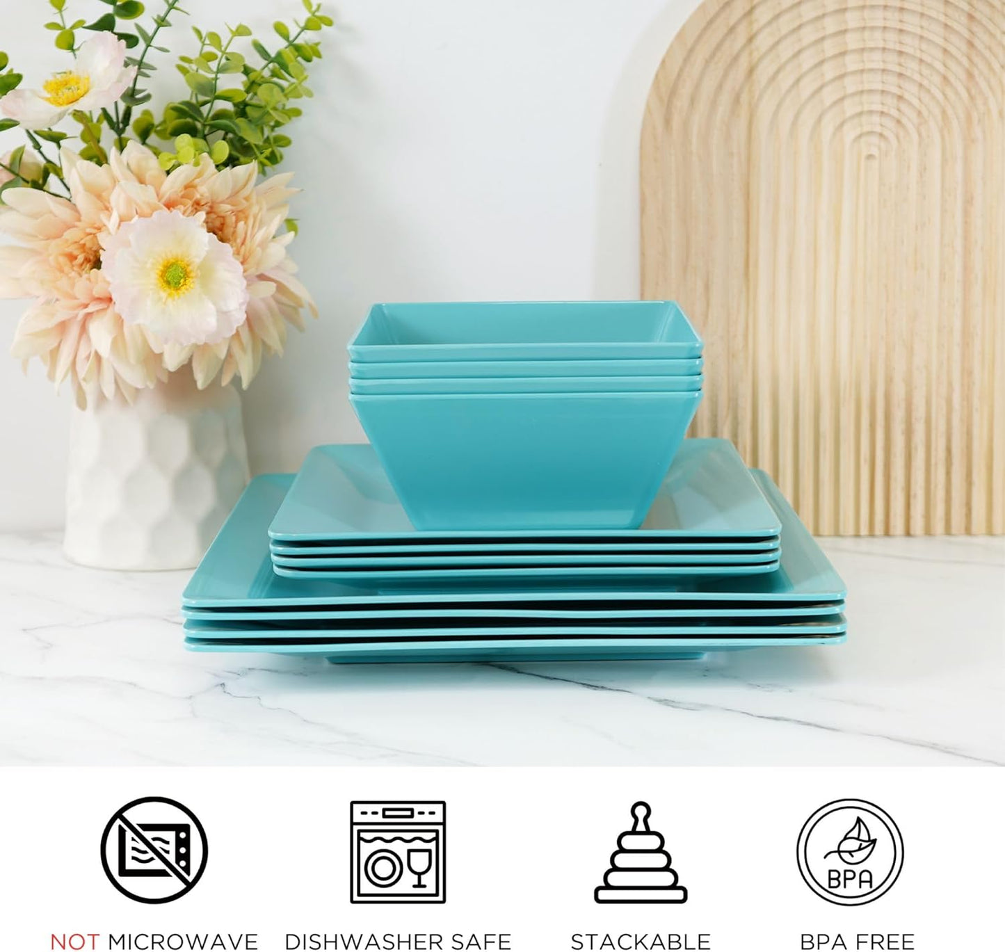 TP 12-Piece Dinnerware Set, Melamine Dishes Set with Bowls and Plates, Non-breakable and Lightweight Square Dinner Set for 4, Teal