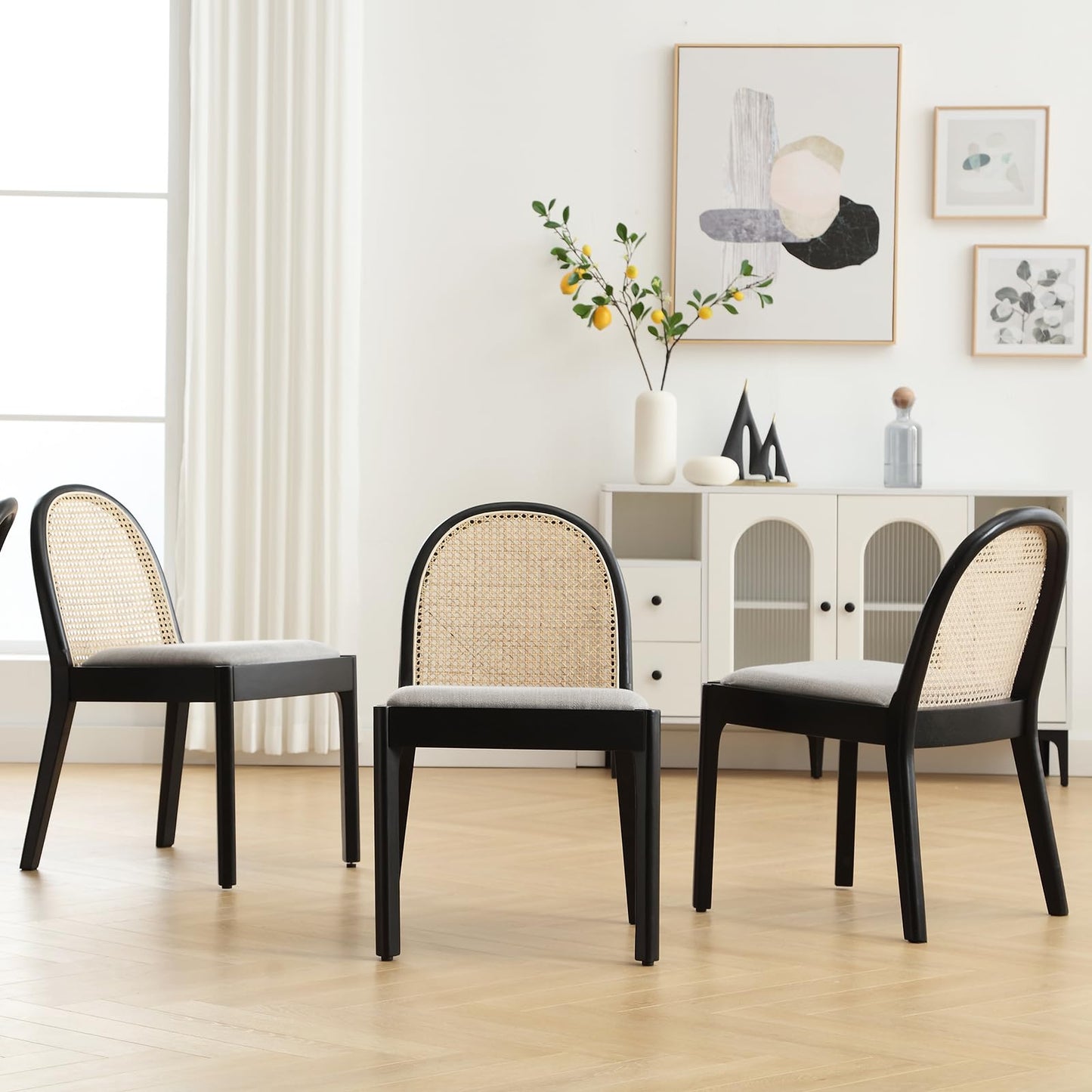 DUOMAY Mid-Century Modern Rattan Dining Chairs Set of 4, Wooden Dining Room Chair with Cane Backrest and Padded Seat, Grey Linen Upholstered Dining Chair, Black Finish