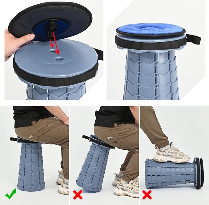 FXKS 2 Pack Upgraded Collapsible Stool Folding Stool with Cushion,Retractable Folding Stool Max Load Capacity 400lbs, Portable Telescoping Stools for Camping Hiking Outdoor BBQ -Grey