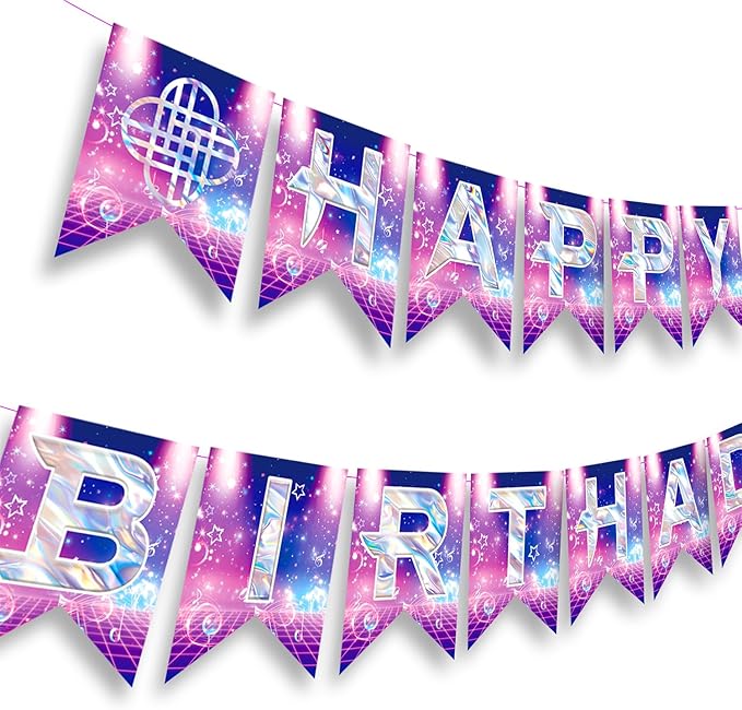 Happy Birthday Banner & Sign, Pink and Purple Magical Music Theme Party Decorations for Girls, Cute Singer Birthday Backdr...