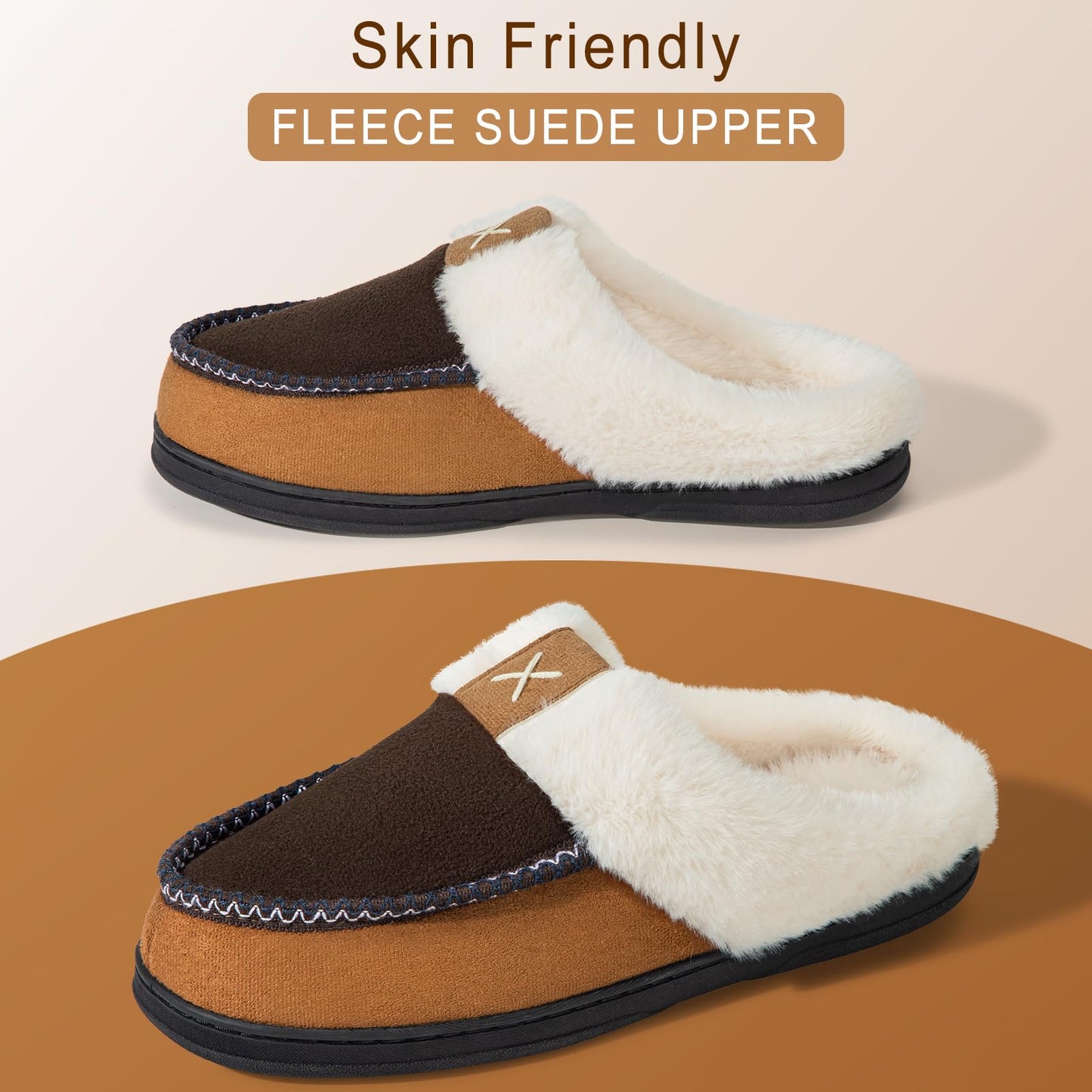 Homitem Mens Slippers Memory Foam Fuzzy Slippers for Men Wool-Like Plush Fleece Lined House Shoes Indoor Outdoor Anti-Skid Rubber Sole Home Bedroom(Size 11-12,Coffee)