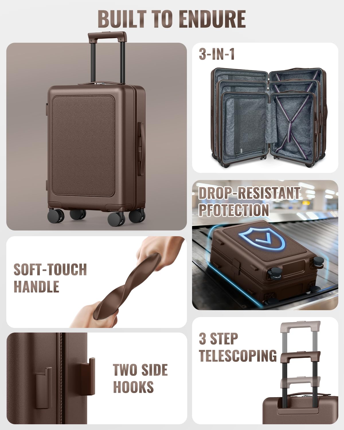 Joyway Luggage Sets 4 Piece with Spinner Wheels, Carry On Luggage 20In with ABS+PC Hardshell, Lightweight Suitcase Set with Travel Backpack and Pressure-resistant Frame, 20/24/28 Inch, Coffee