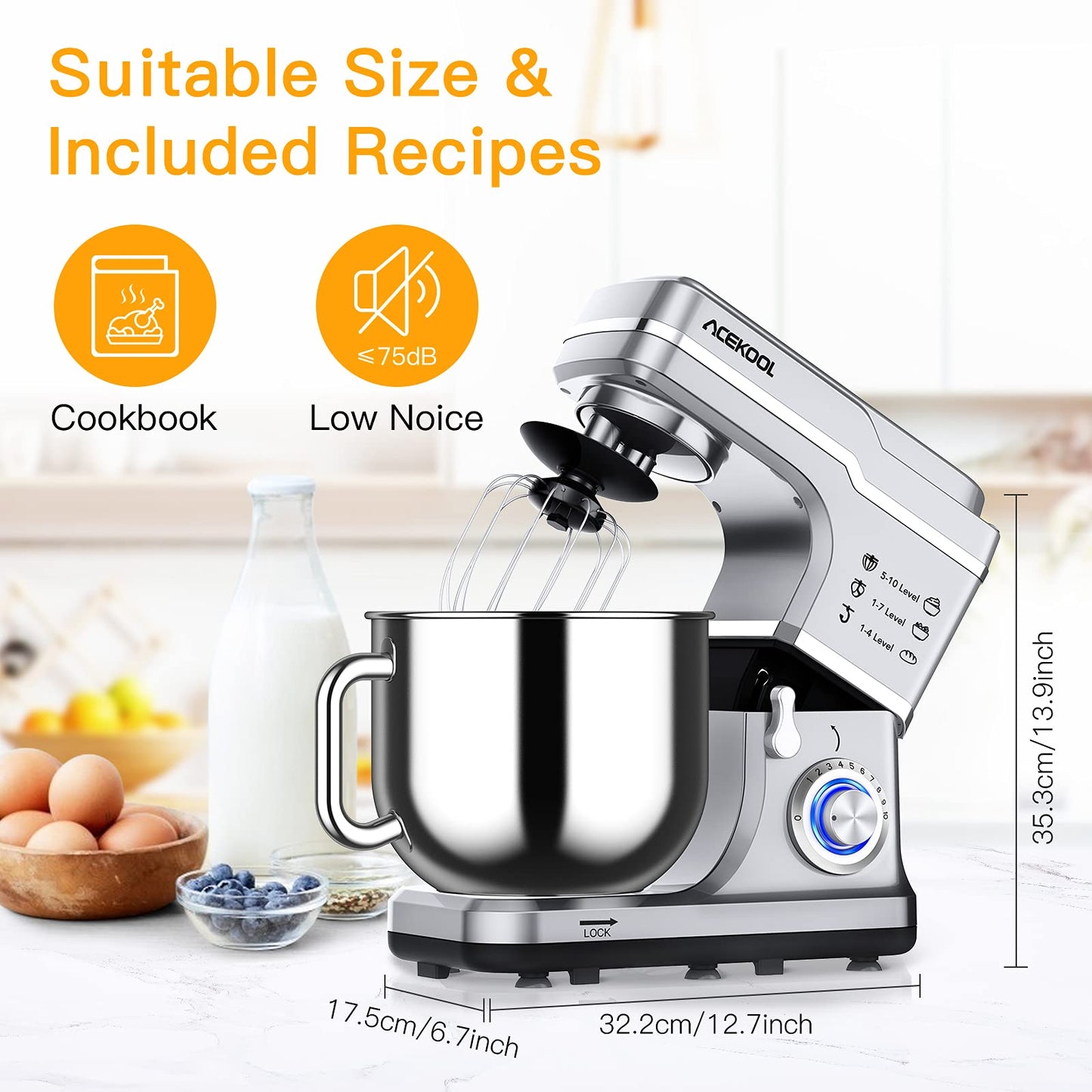 Stand Mixer 7.5QT 10-Speed 660W Tilt-Head Kitchen Electric Food Cake Mixer with Stainless Steel Bowl, Whisk, Dough Hook, Beater & Splash Guard, Silver