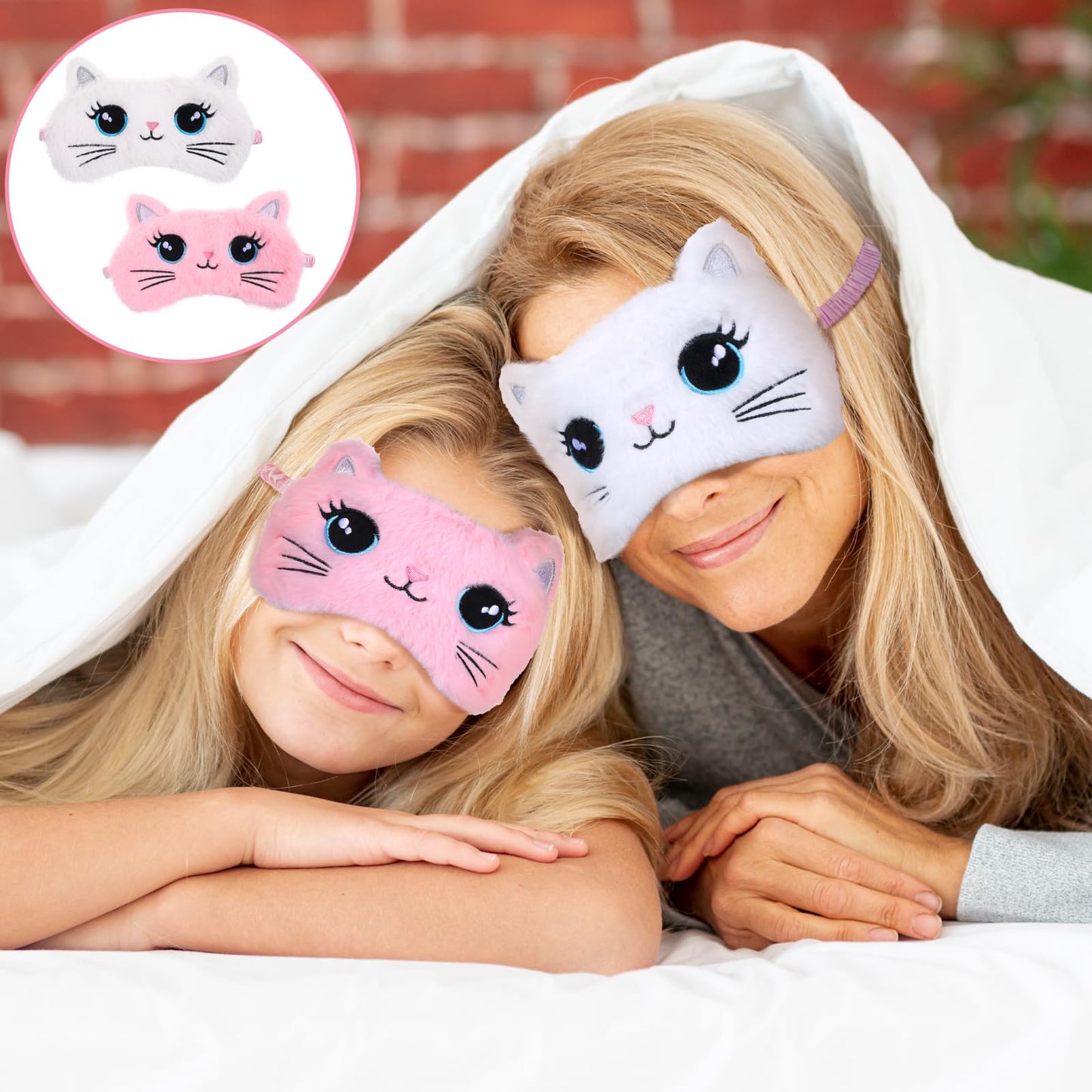 Kids Sleep Mask, 2 Pcs Cute Cat Sleeping Eye Mask Soft Plush Girls Sleep Masks Comfortable Funny Animal Night Eye Masks for Sleeping Blindfold Eye-Cover for Women Girls Home Travel (Pink, White)