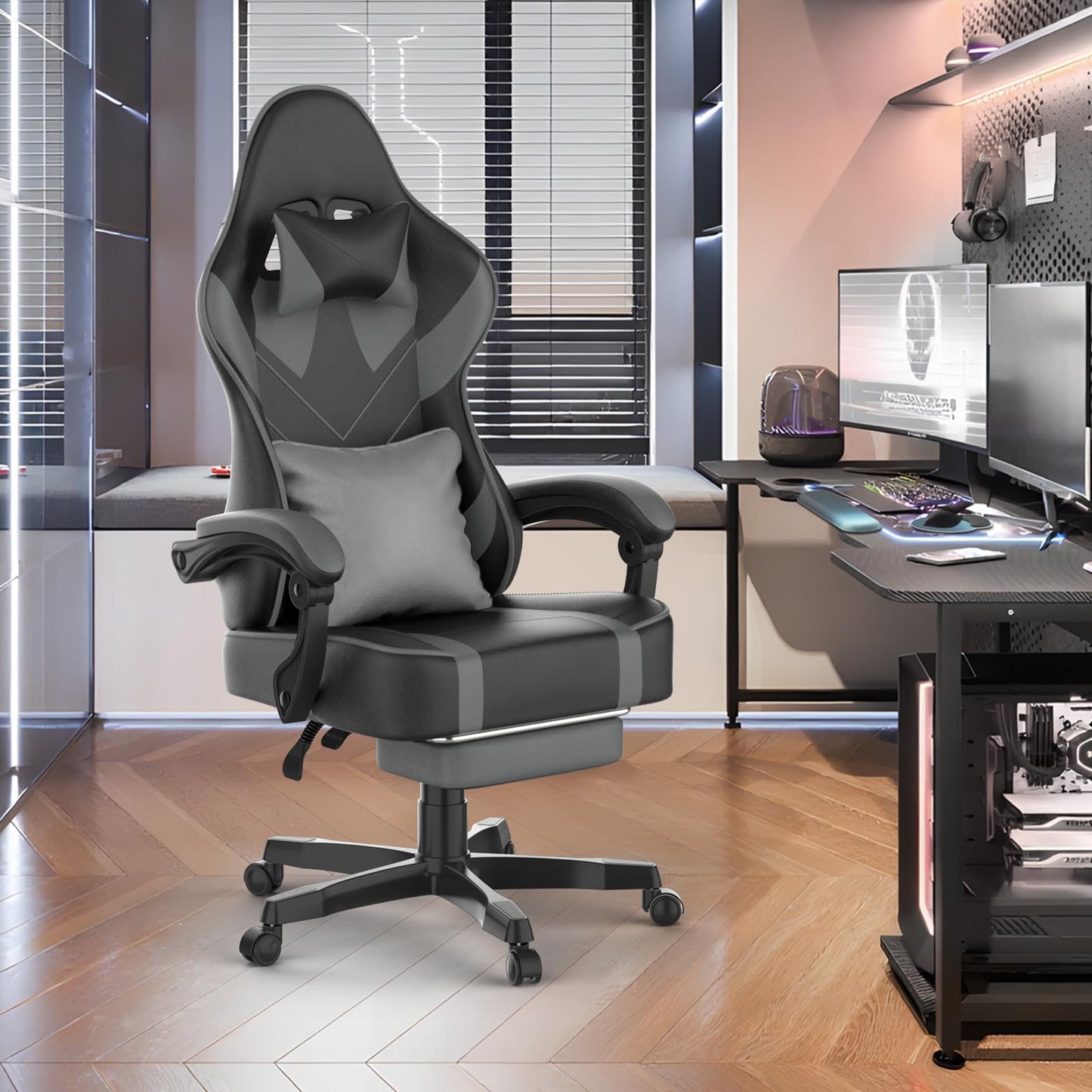 Soontrans Grey Gaming Chair with Large Mouse Pad, Ergonomic Computer Office Chair with Wider Seat Cushion, Reclining PU Leather Gamer Chair with Footrest for Adults, High Back Video Game Chair