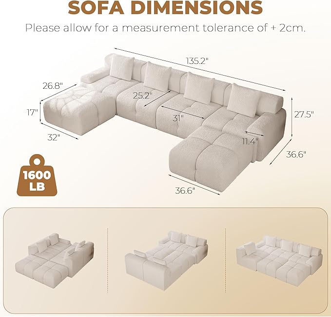 135" Modern L Shaped Modular Sectional Sofa, 6 Seater Convertible Chenille Cloud Couch Sofa Set, Boneless Couches for Living Room with Ottoman, No Assembly Required, White