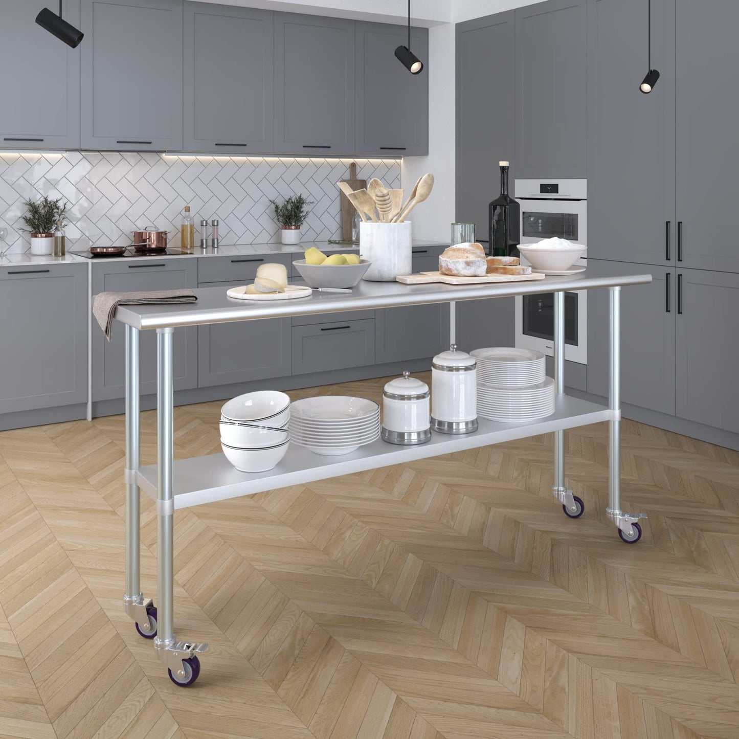 AmGood 18 in. x 72 in. Stainless Steel Work Table with Wheels | Metal Kitchen Food Prep Table | NSF
