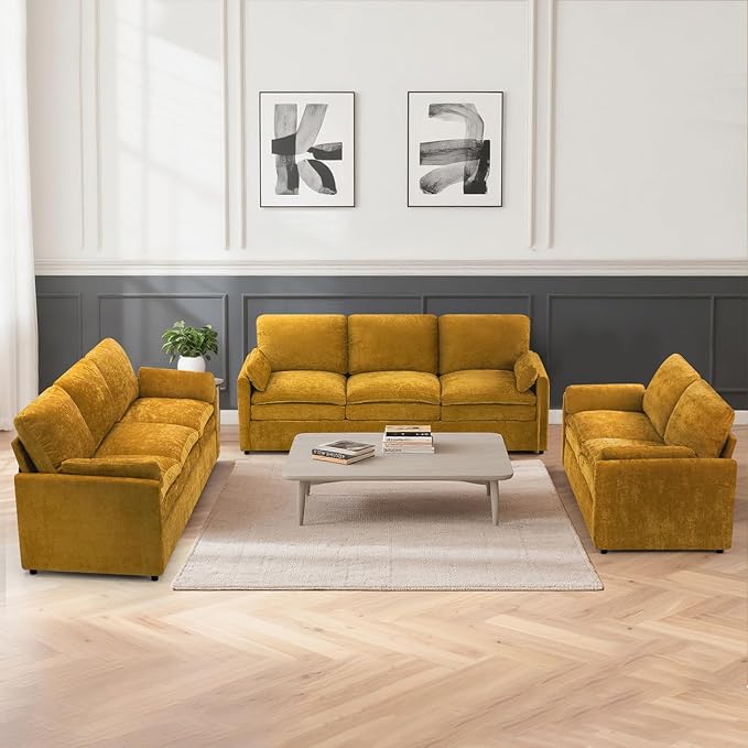 ACMEASE 3 Pieces Chenille Sofa Set w/Arm Pillows, Upholstered Loveseat & 2 Pieces 3 Seater Sofa w/Comfortable Back Cushions, Modern 2-Seat & 3-Seat w/High-Density Foam for Living Room, Yellow