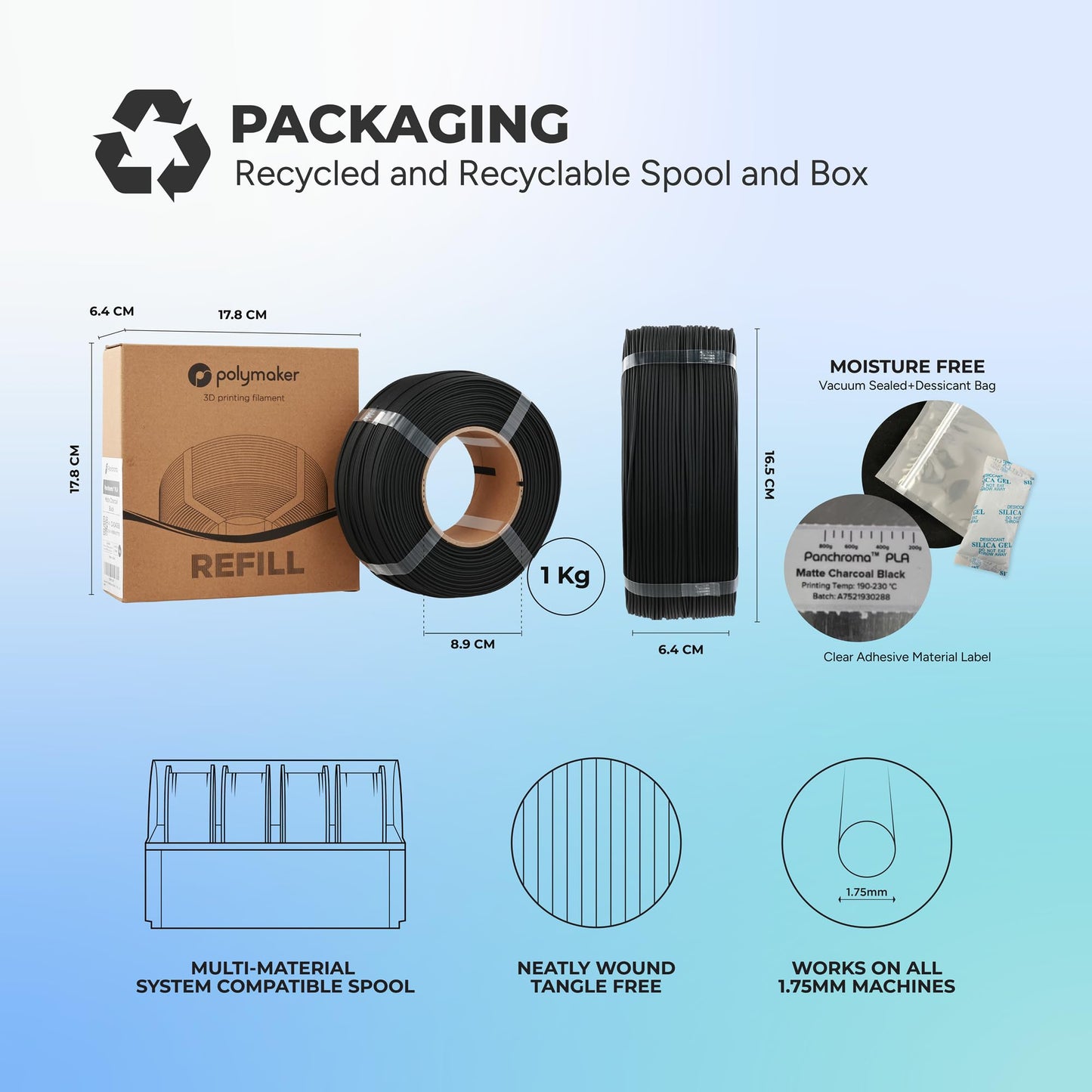 Polymaker Panchroma Refill Spool Matte Cotton White PLA 3D Printing Filament Refill, Compatible with All Reusable Spools and All Major FDM 3D Printers, Tangle-Free, Vibrant Colors, 1.75mm 1kg