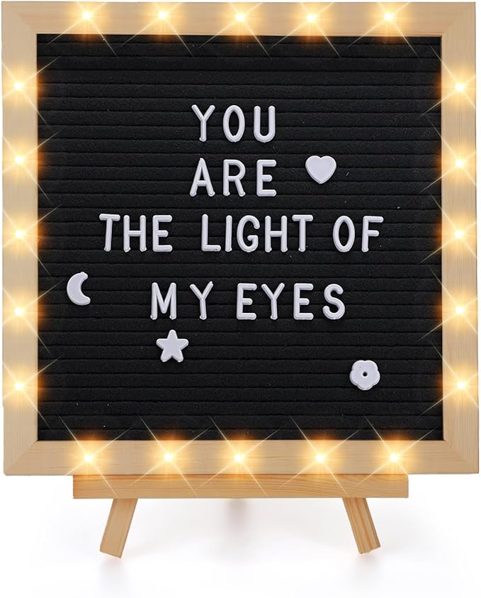 Changeable Felt Letter Board with LED Lights - 10×10" Message Custom Signs & Wood Stand & 450 Letters, Poster Board for Va...