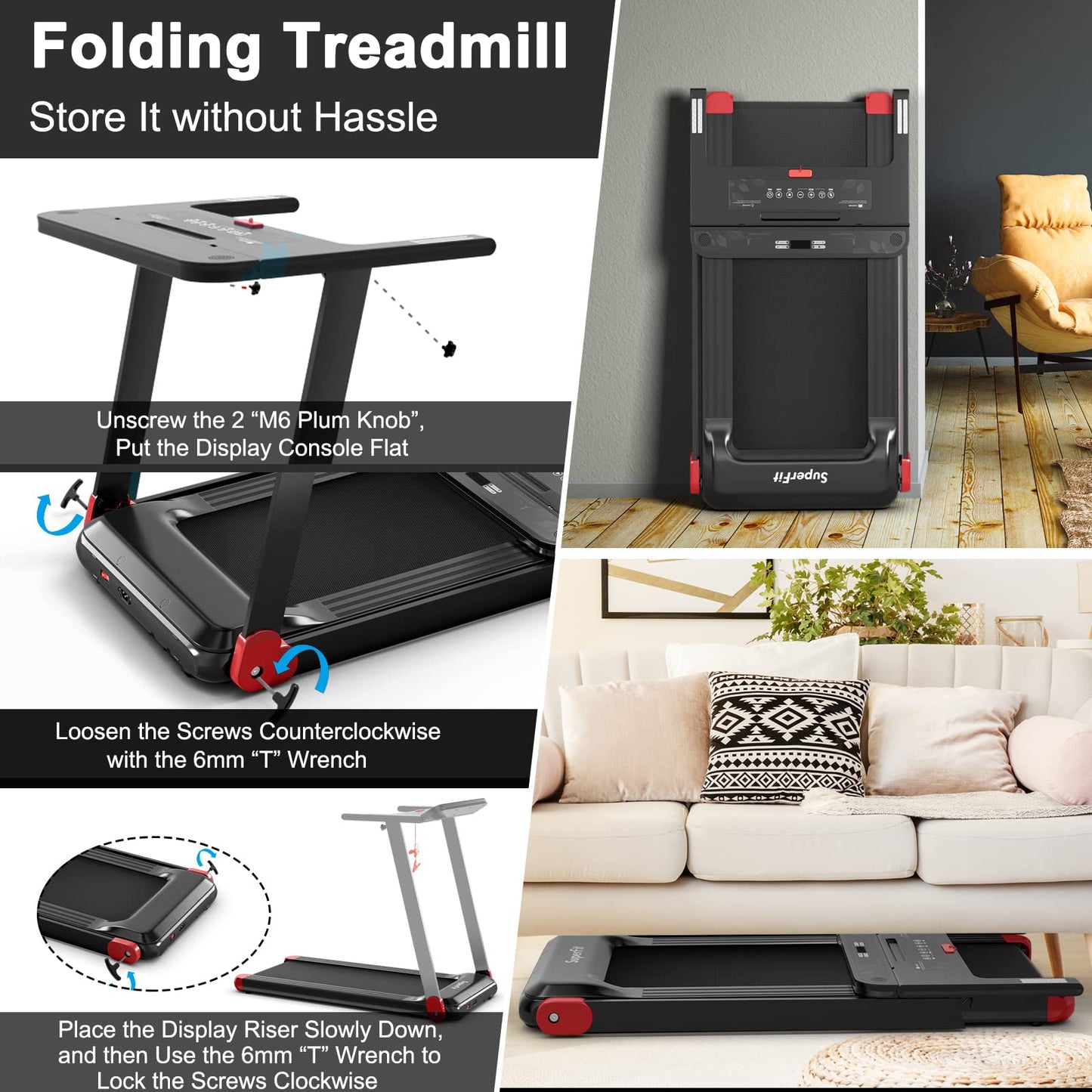 Goplus Folding Treadmill, Compact Superfit Treadmill with APP Control, Blue Tooth Speaker, 12 Preset Programs, LED Display and Device Holder, Walking Running Machine for Home Office (Red)