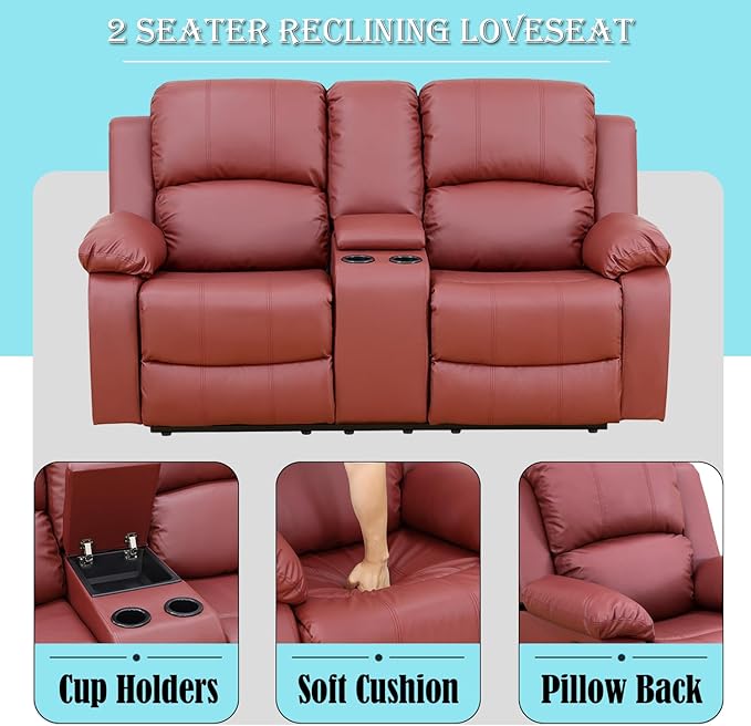 Caberryne Leather Recliner Sofa，Reclining Sofa Set for Living Room Furniture Sets，Red Double Recliner Loveseat for Living Room/Office/Theater Seating/Rv(2 Seater Couch)