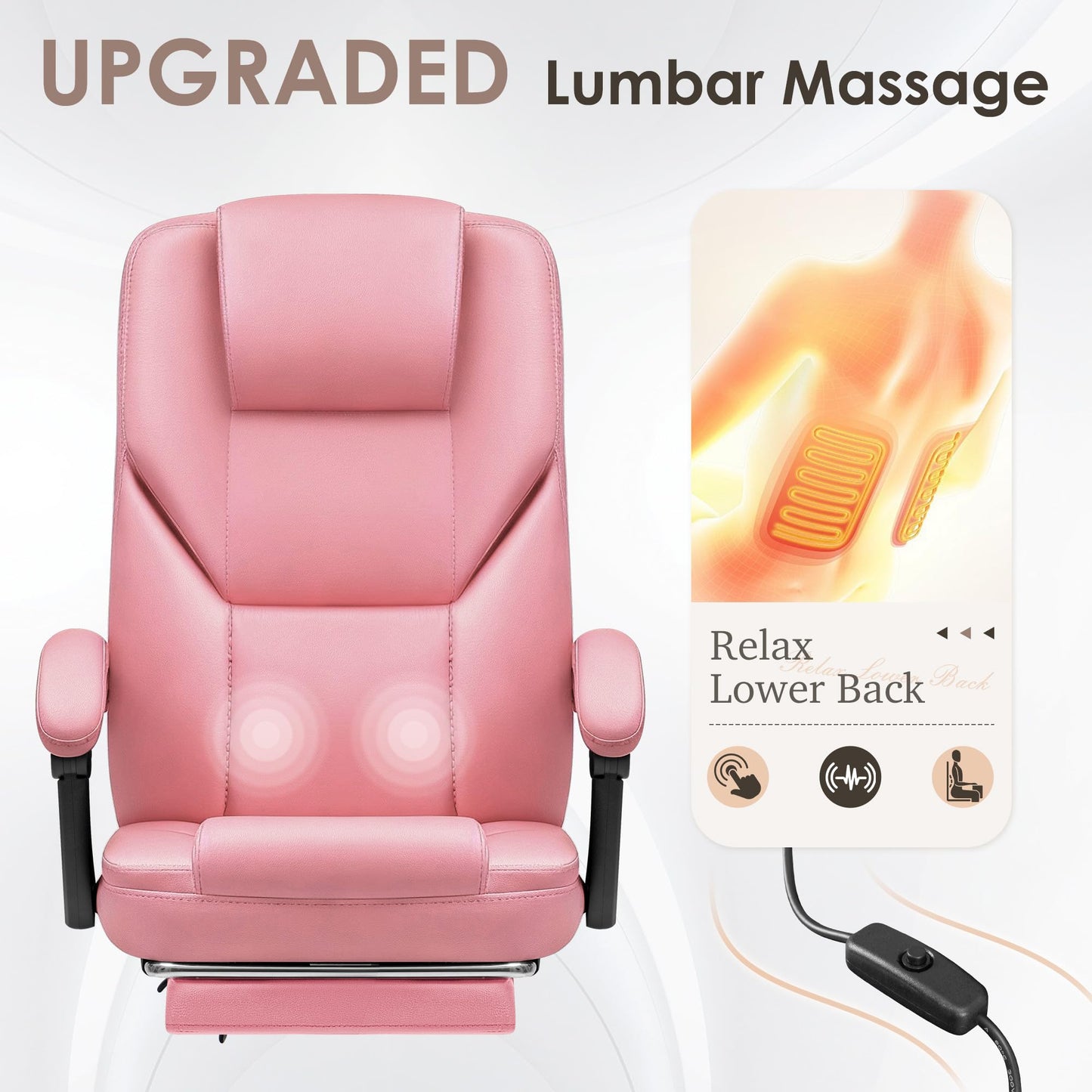 Shahoo Executive Office Chair with Massage, Ergonomic Reclining High Back Leather Seats with Footrest and Lumbar Support, Big and Tall, 400Lbs Heavy Duty, Pink