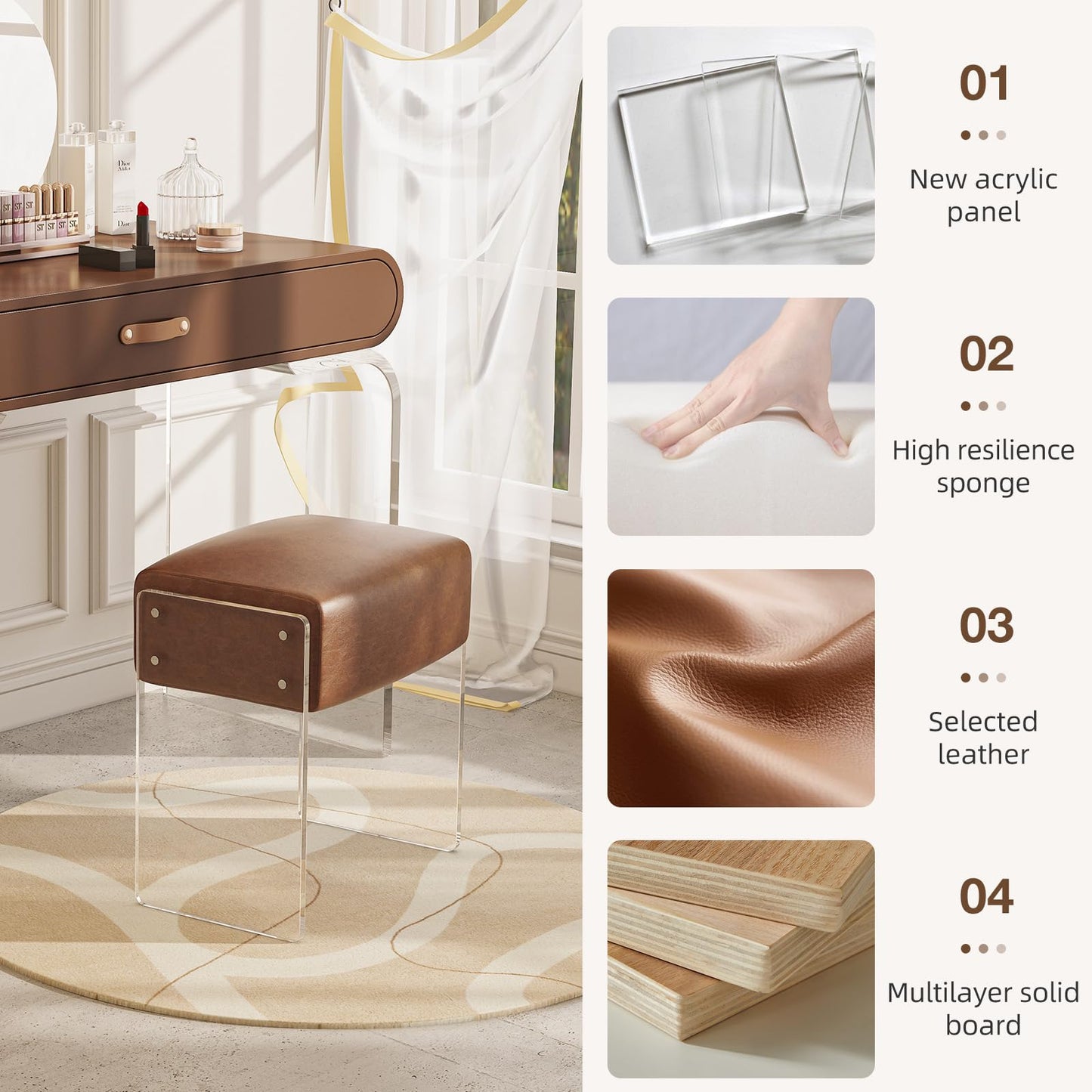 bitaycan Leather Vanity Stool Chair, Modern Ottoman and Foot Rest with Leather and Acrylic Leg for Makeup Room, Living Room, Bedroom, Brown