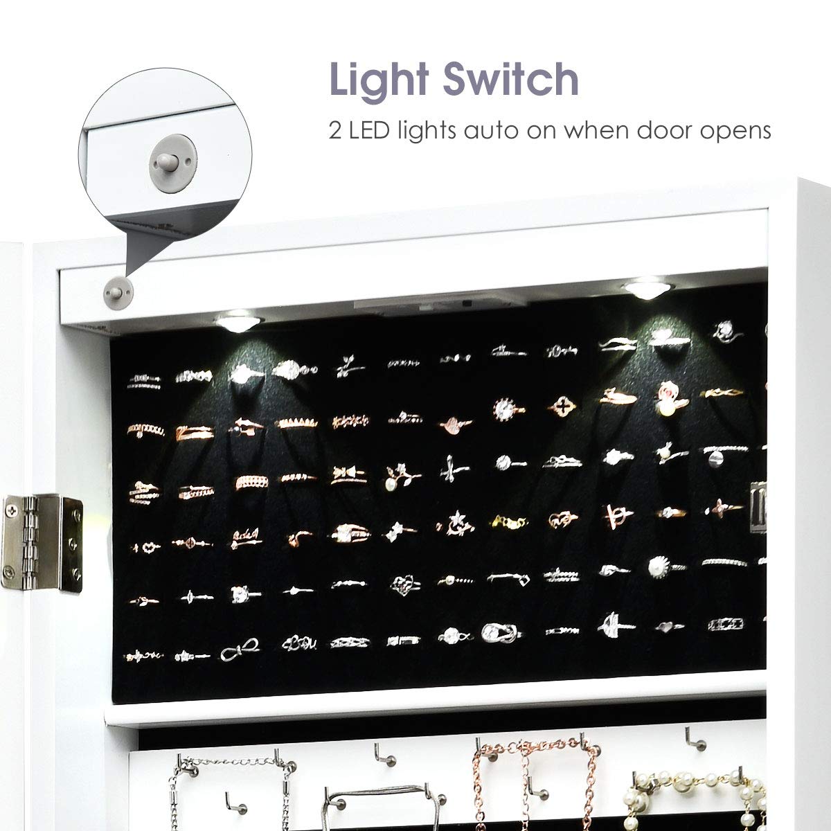 FANTASK Wall/Door Mounted Jewelry Cabinet Armoire, Lockable Armoire Cabinet w/Full Length Mirror, 2 LED Lights, Adjustable Hanging Hooks, Jewelry Organizer for Dressing Make-up (White)