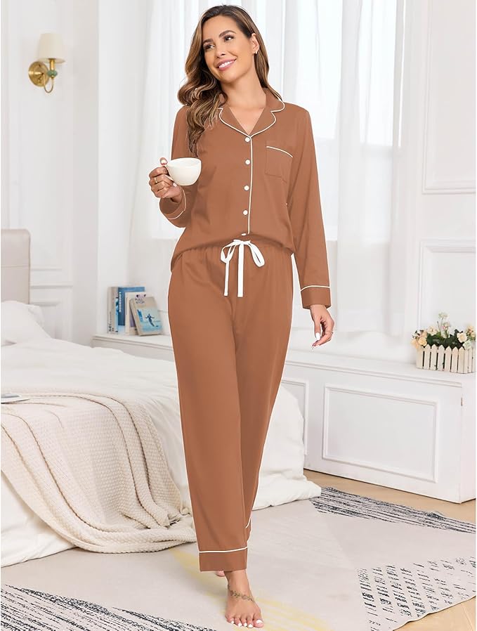Veseacky 100% Cotton Pajamas for Women Set Long Sleeve Button Down Sleepwear Soft Pjs Lounge Sets with Pockets XS-XXL