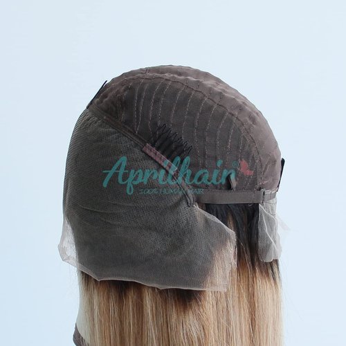 Aprilhair Pre-plucked Ombre #1B/27 Dark Root Honey Blonde Ear To Ear Lace Front Wigs Straight Glueless 150% Density Brazilian Virgin Human Hair With Baby Hair Full (14" inch, Lace Front Wig Straight)