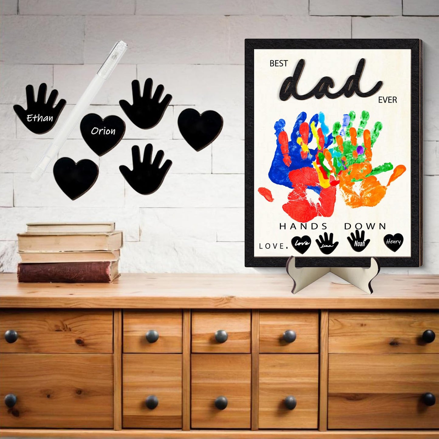 GTYRERO 12'' Best Dad Ever Hands Down Craft Kit Gifts Ideas for Dad, DIY Handprint Art Craft Frame with Paints & Accessories Wood Family Sign Keepsake for Grandpa Stepdad Daddy Papa Birthday Gifts