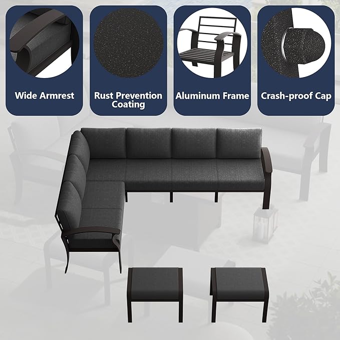 RTDTD Aluminum Outdoor Patio Furniture Set,11 Seats Patio Conversation Sets with 45" Propane Fire Pit Table,Metal Patio Sectional Furniture Set with 5.1" Thickened Cushions,Grey