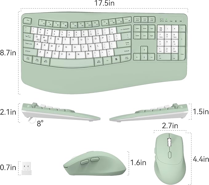 Wireless Keyboard and Mouse Combo,2.4G Full Size Wave Keys Ergonomic Keyboard with Wrist Rest for Natural Typing, 3 DPI Adjustable Ergonomic Mouse for Computer/Laptop/Windows/Mac (Avocado Green-B)