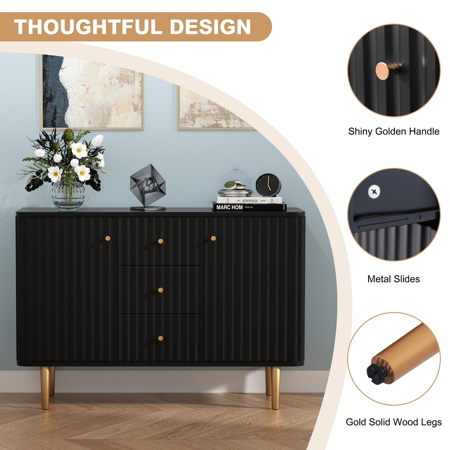 ARTPOWER Sideboard Buffet Cabinet with Drawers, 48" Fluted Accent Storage Cabinet, Modern Credenza for Entryway, Kitchen, Living Room, Black