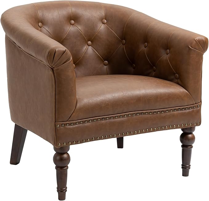 UIXE PU Leather Barrel Accent Chair, Modern Club Chair Upholstered Armchair for Living Room, Nailed Trim Arm Chair Comfy Single Sofa Bedroom Reading Seat, Brown