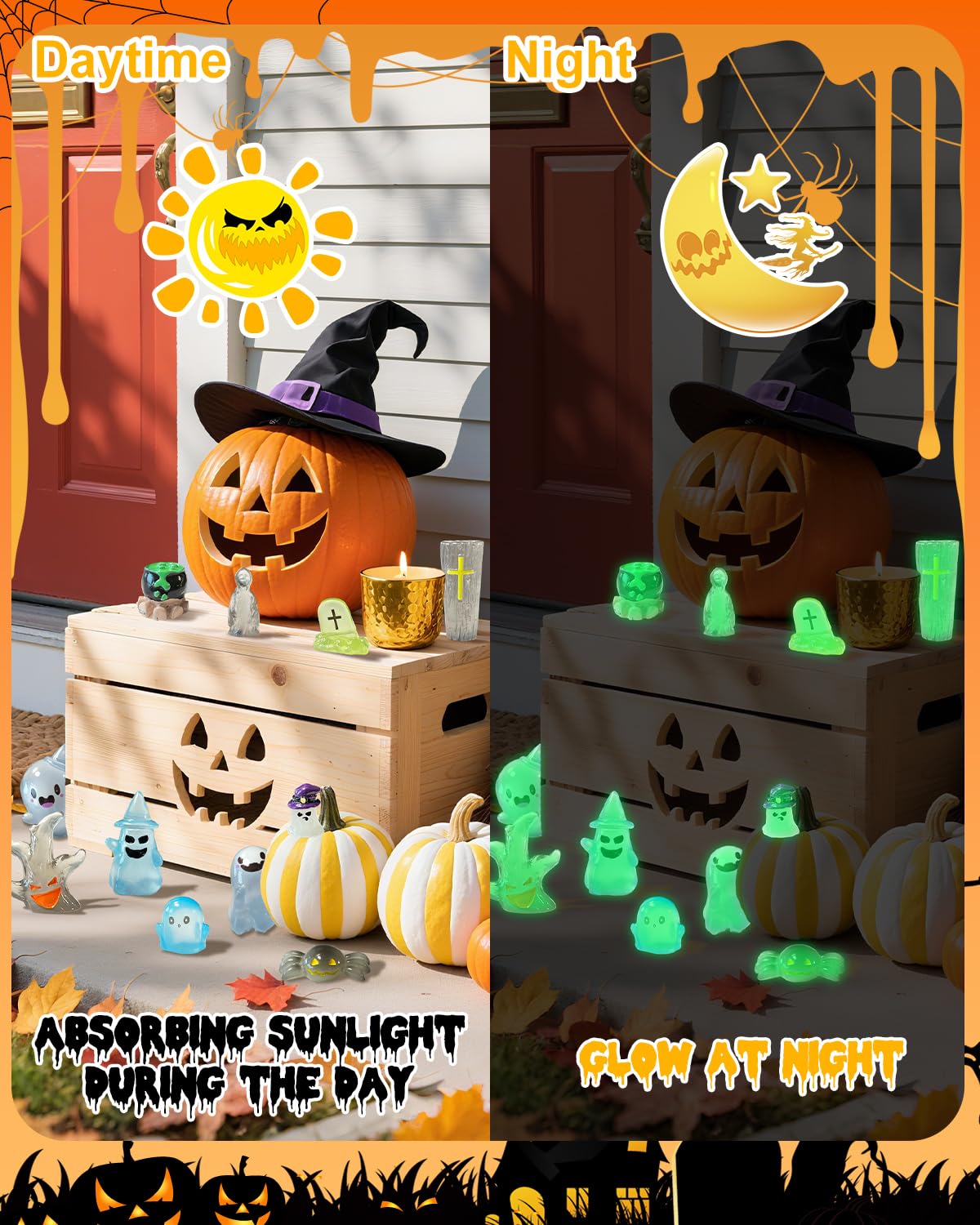 Piemow 72 Pcs Halloween Mini Resin Animals Figures Kit - Luminous Tiny Resin Figurines Accessories, Glow in The Dark Miniature Ghost Figurines for Halloween Party, Micro Landscape, Tabletop Decor