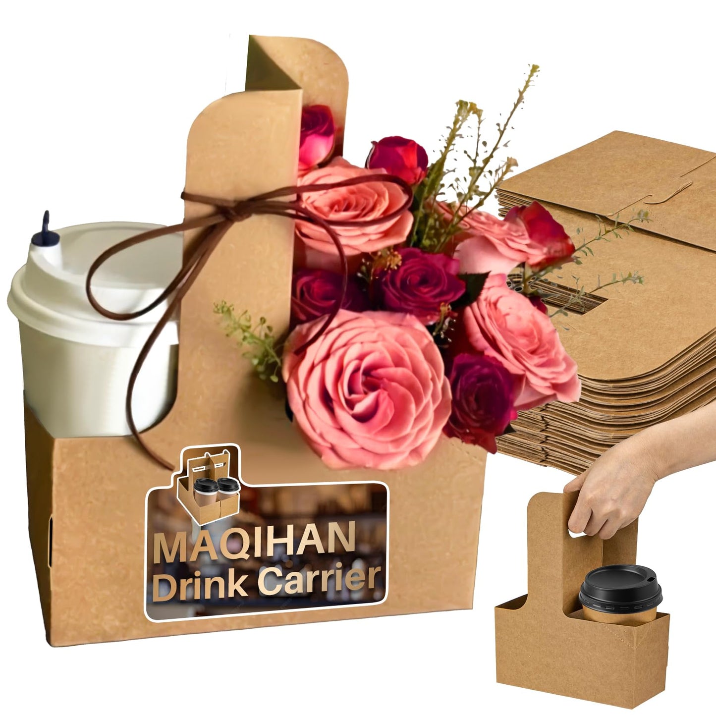 MAQIHAN 2 Cup Drink Carrier with Handle - 12Pcs Disposable Paper Cardboard Coffee Cup Holder Portable Drink Caddy Cup Carriers to go Cup Holder Food Delivery Accessories for Hot/Cold Drinks (Brown)