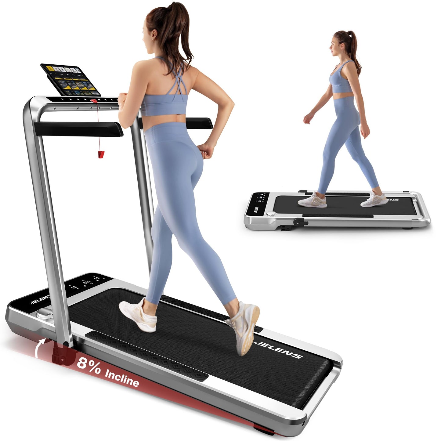 Treadmill for Home, Walking Pad Treadmill with Incline, 2-in-1 Portable Walking Pad with Handle Bar, 330LBS Weight Capacity 2.5HP Folding Treadmills with Gesture Sensing (Silver)