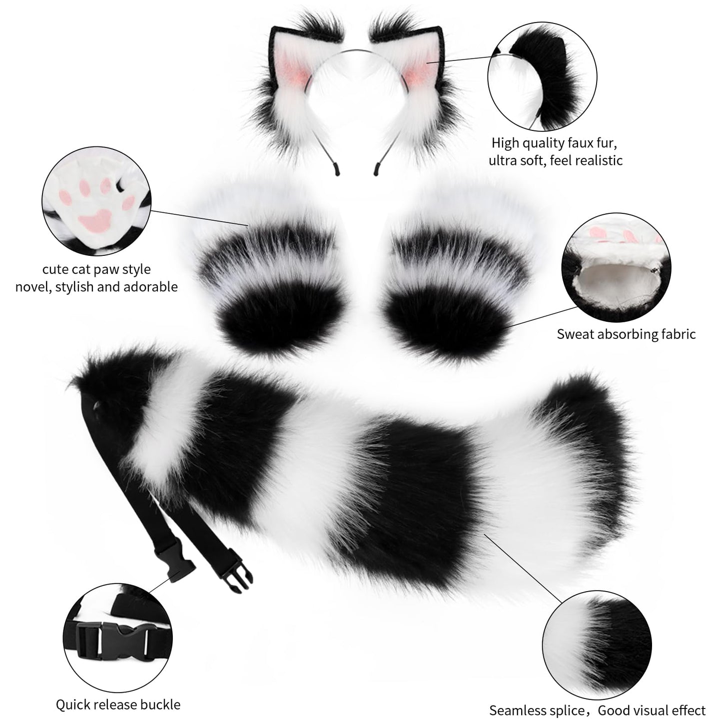 JUNBOON Faux Fur Cat Ears and Wolf Fox Tail Set Adult Claw Glove Kit for Halloween Anime Cosplay Party