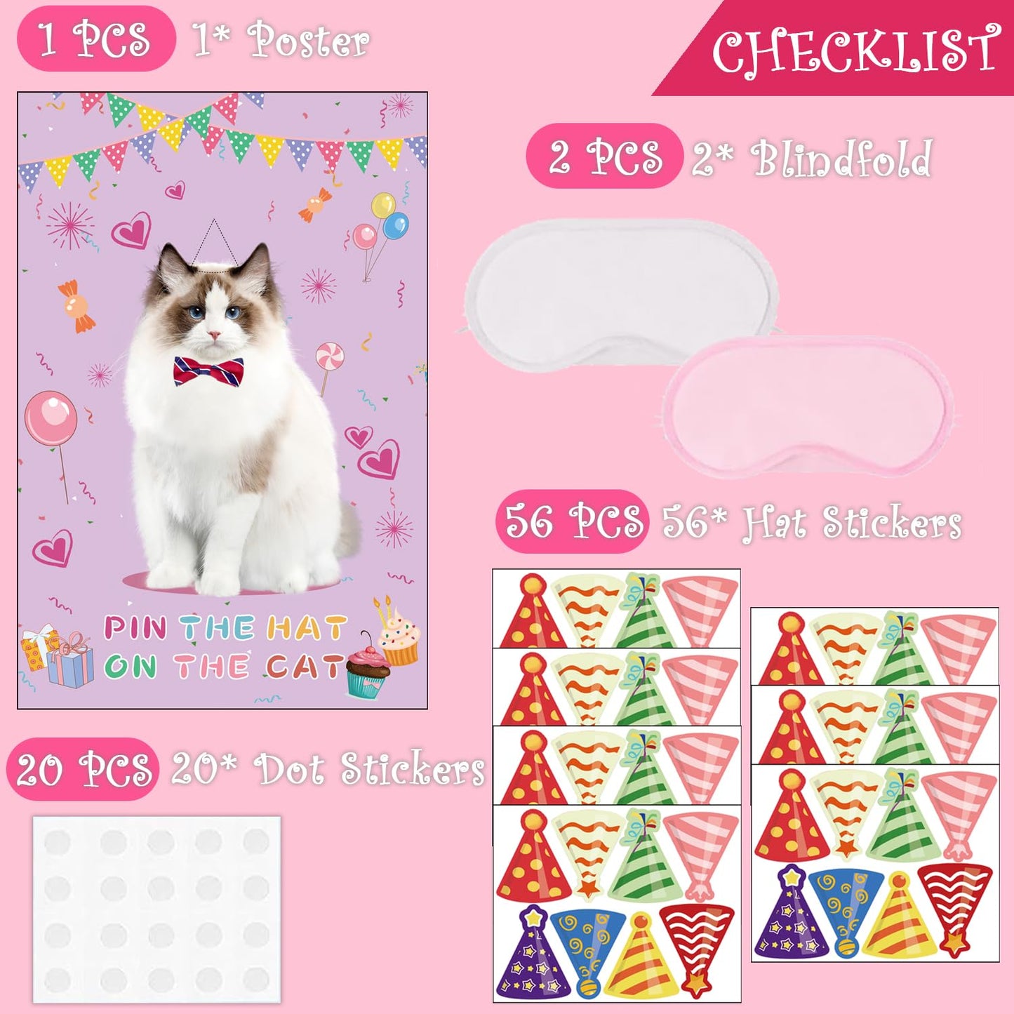 T-Antrix Pin The Hat on The Cat Party Games -Cat Themed Birthday Games for Girls with 21'' x 28'' Poster, Resuable Hats Stickers Carnival Party Supplies Kids Birthday Party Favor Sets