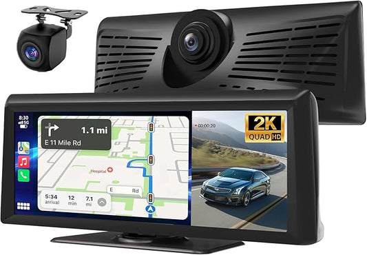 8.1" HD Wireless Carplay Screen for Car with 2K Dash Cam 1080P Backup Cam Carplay Screen Portable Car Stereo Touchscreen w...