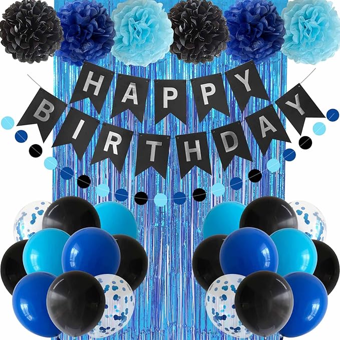 ANSOMO Blue and Black Happy Birthday Party Decorations for Boys Men Banner Balloons Navy Royal Light Blue Pom Poms Foil Cu...