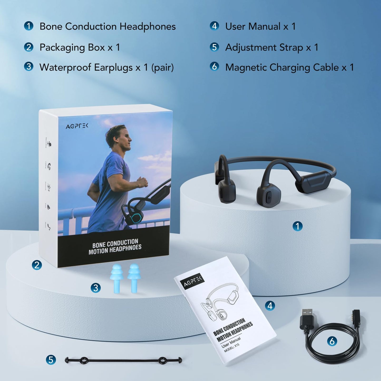 AGPTEK X15 Waterproof MP3 Player with Bluetooth 5.3 for Swimming, 32GB Non-in-Ear Bone Conduction Headphones for Running, Cycling, Sports