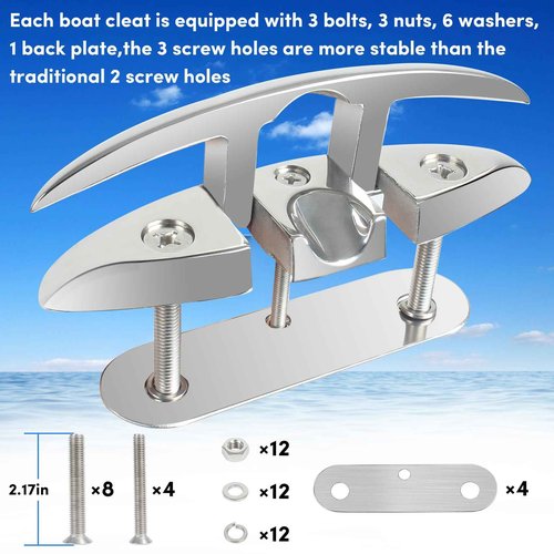 316 Stainless Steel Boat Cleats 6 Inch, Marine Grade Dock Cleats with Stainless Steel Bolts and Back Plate,Boat Dock Cleats Folding Dock Cleats for Deck and Boat (4 Pack)