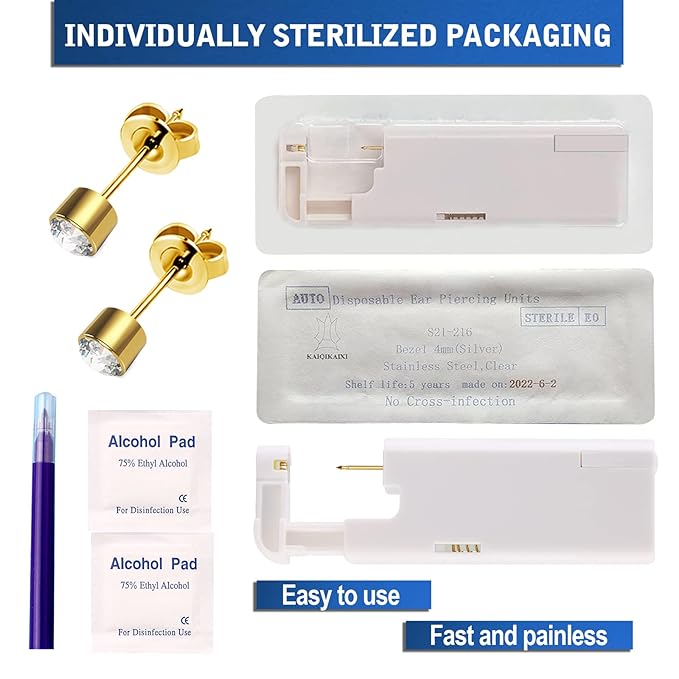 2Pcs Ear Piercing Kit Automatic And Painless Ear Nail Gun Disposable Aseptic Household Ear Piercing Gun Portable Ear Piercing Gun Group Ear Piercing Tools (4mm, Golden)