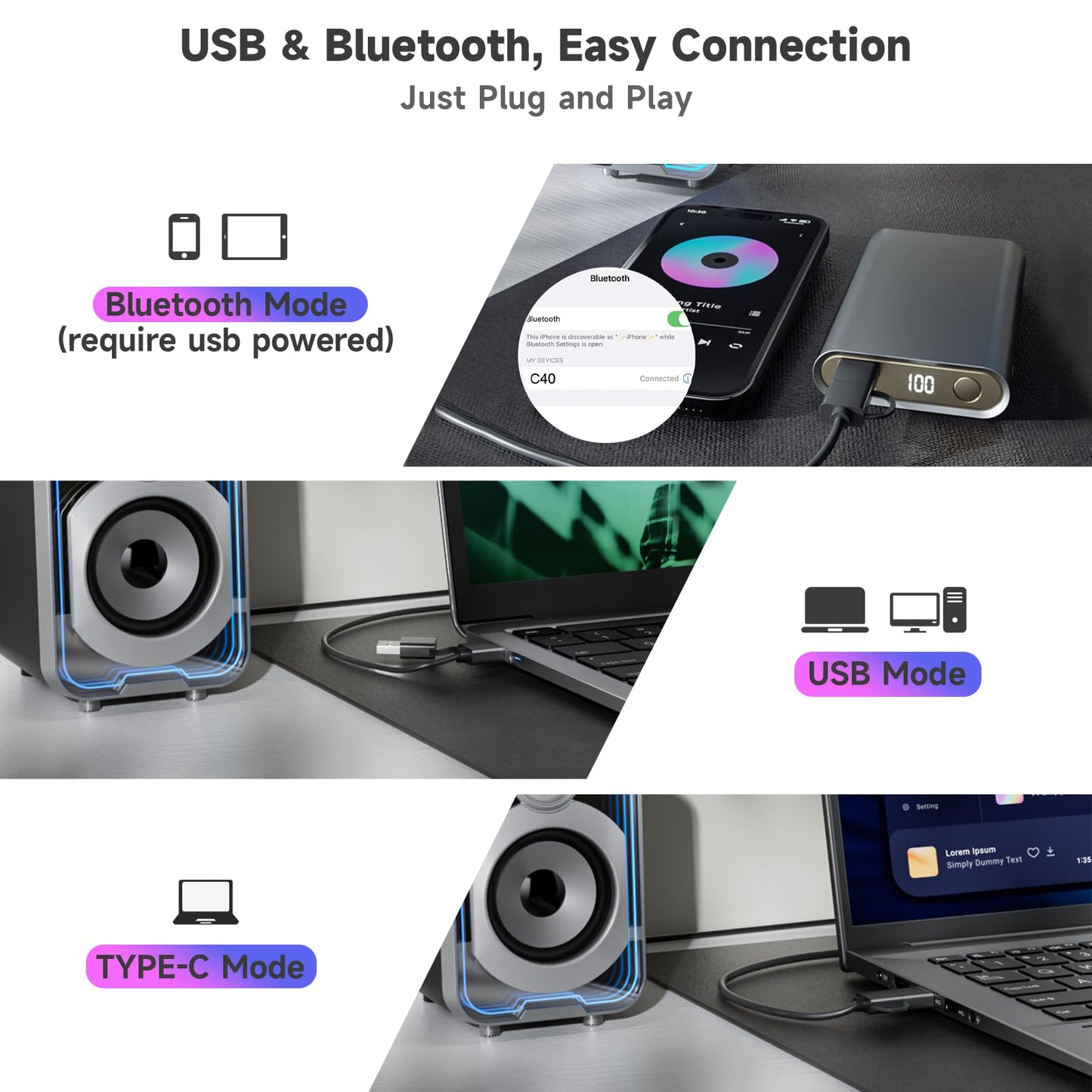 SOULION 2.0 Computer Speakers, 10W USB-Powered Bluetooth Wired PC Speakers with Easy-Control Pod for Desktop, Tiny Desk Soundbar with 5 Mirror-Like LED Light Modes for Monitor Laptop - Black