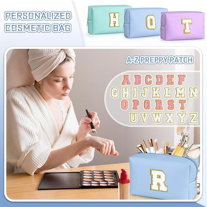 TOPEAST Initial Makeup Bag for Travel, Chenille Letter Pouch Cosmetic Bag, PU Leather Waterproof Toiletry Bag, Personalized Gifts for Bride Bridesmaids, Cute Things for Girls (Sky Blue Q)