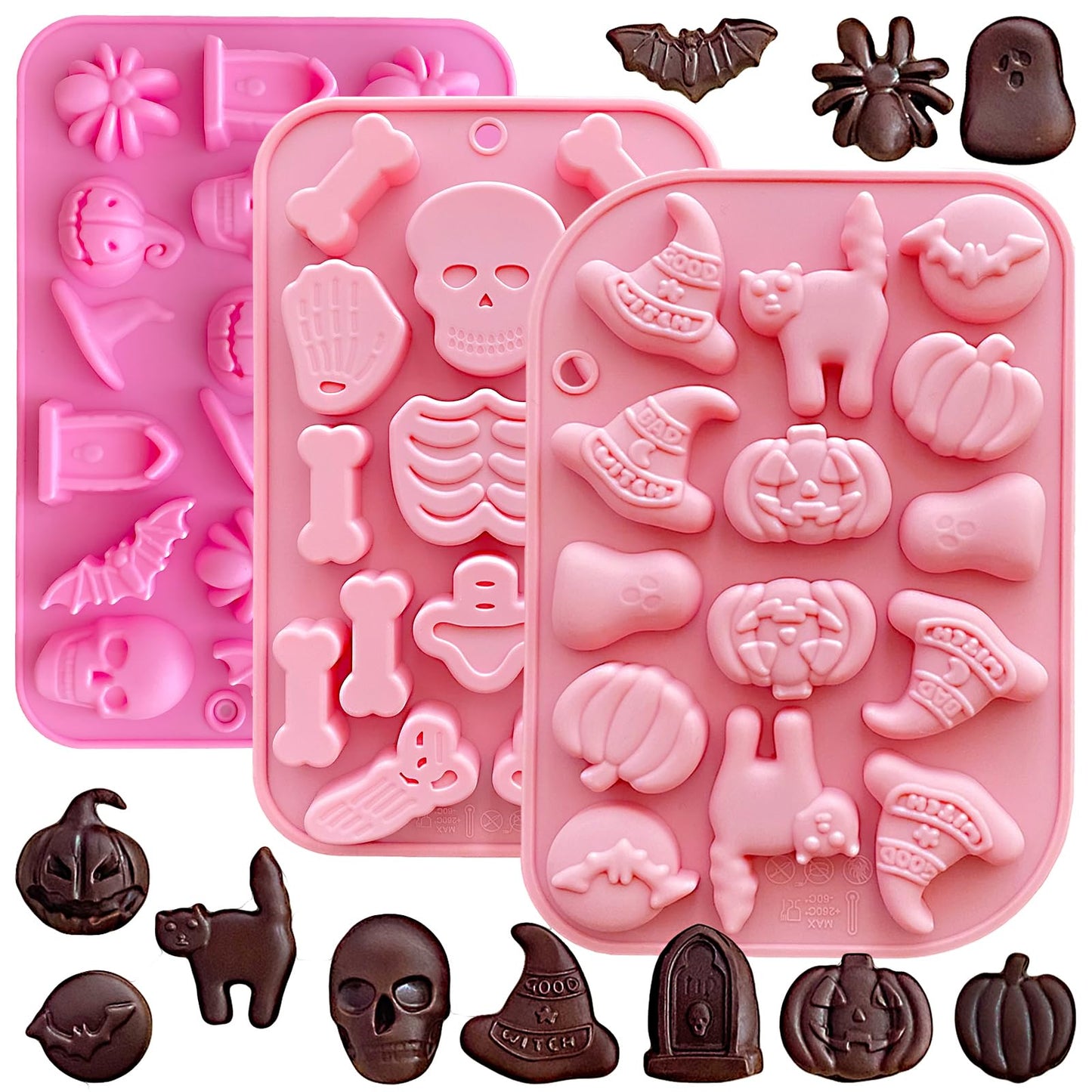 Halloween Silicone Molds - 3 Pack with Pumpkin, Skull, Skeleton, Ghost, Bat Designs for Baking, Chocolate, Candy, Cupcake Toppers