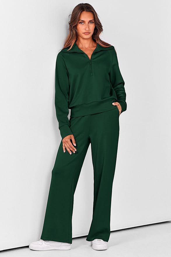 PRETTYGARDEN Women's 2 Piece Outfits Casual Lapel Half Zip Sweatshirts and Wide Leg Pants Tracksuit Sets