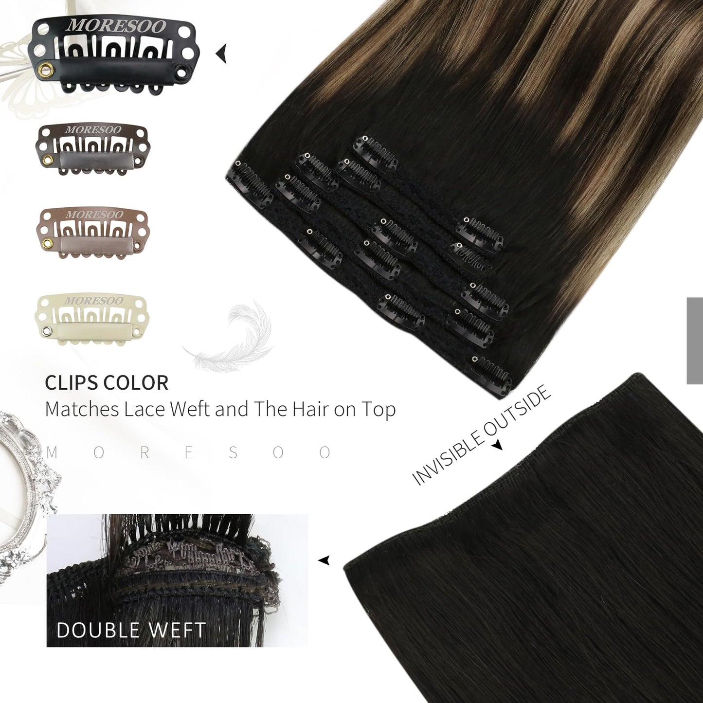 Moresoo Clip in Hair Extensions Real Human Hair Black to Blonde with Brown Human Hair Clip in Extensions Short Ombre Natural Bla