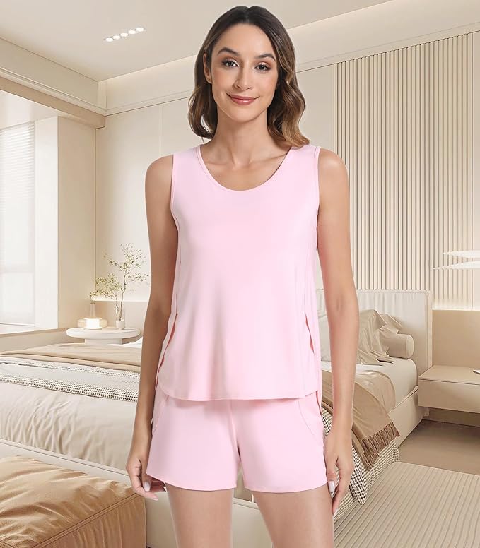 NACHILA Pajamas for Women-Viscose from Bamboo, Ribbed Racerback Tank Top Sexy Split Shorts Pajama Sets Cooling Sleep Cami Pjs